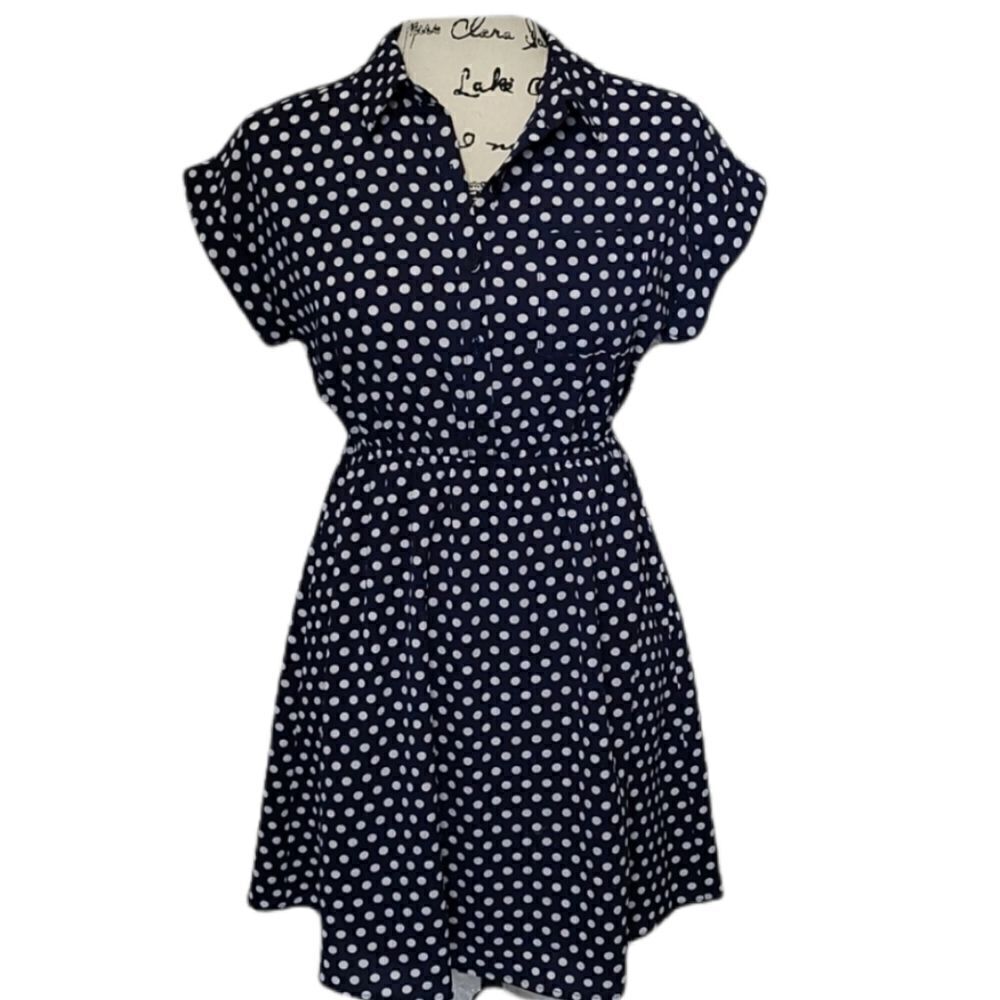 Monteau Navy With White Polka-Dot Short Sleeve Dress
